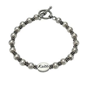 Estate Sterling Silver 925 Beaded "Faith" Toggle Bracelet 7.25"